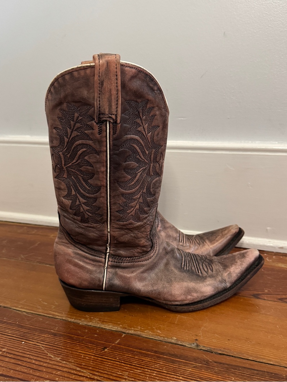 Stetson Brown Leather Distressed Embroidered Snip Toe Cowboy Western Boots W 7 - Picture 2 of 14